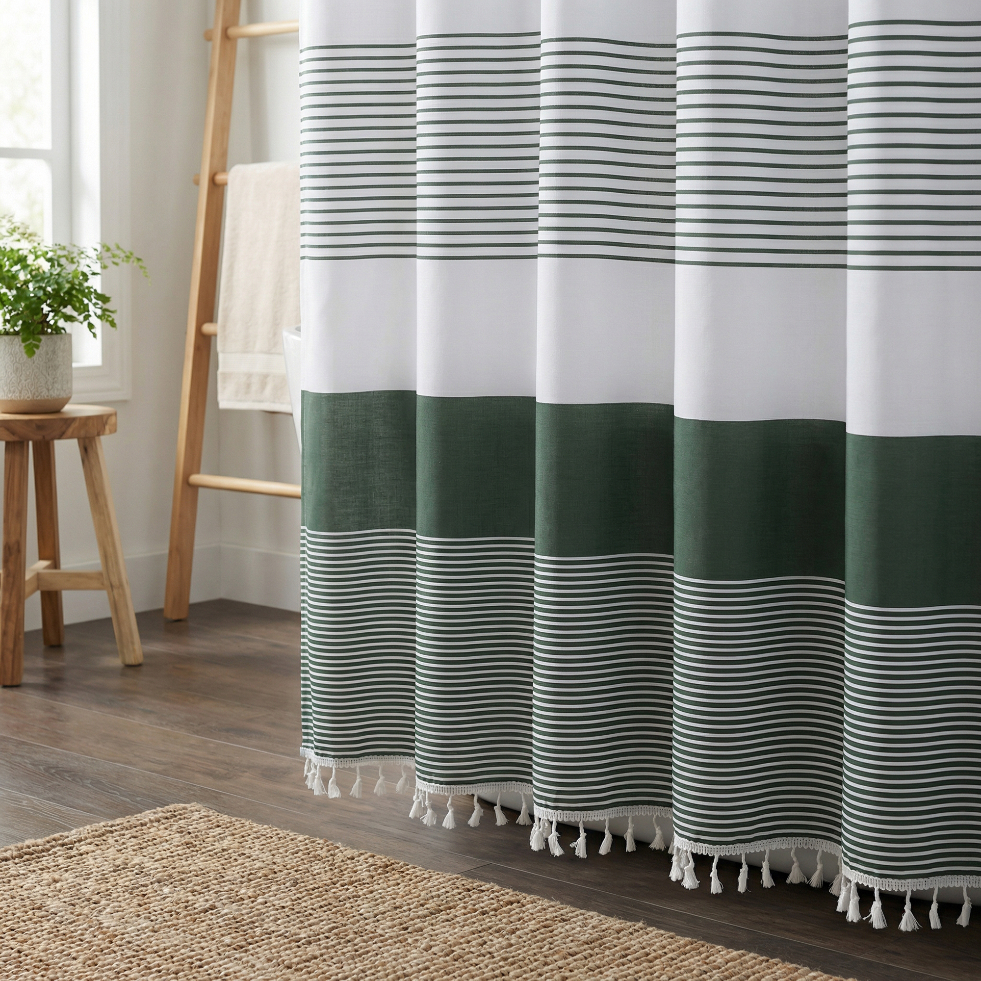 Unique Bargains Striped Waterproof Shower Curtain Sets with 12 Hooks Green 72"W x 72"L