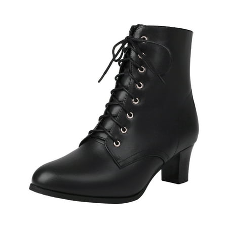 

Quealent Black Short Ankle Boots Lace Up for Women Side Zipper Victorian Booties Block Mid Heel (Black 7.5)