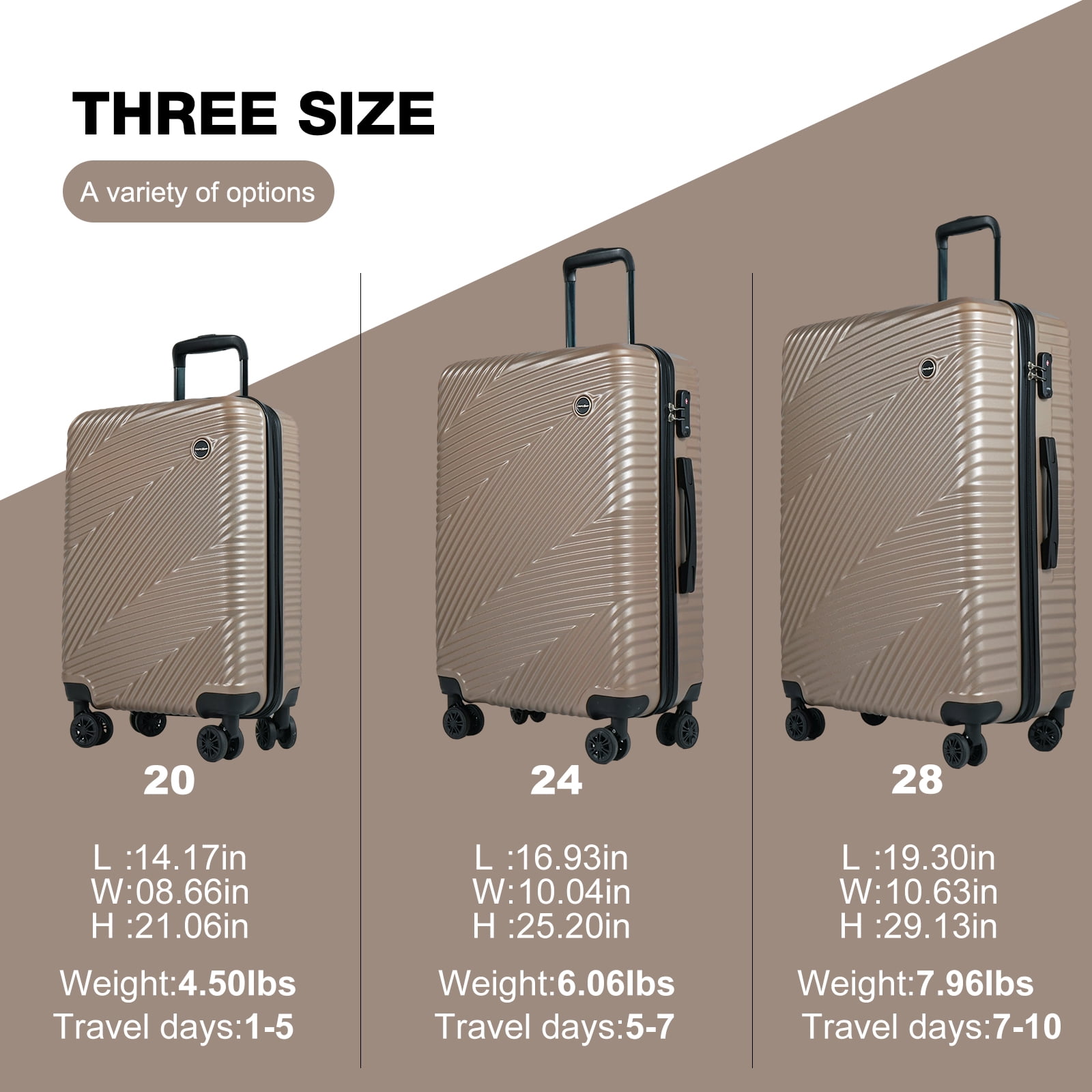 Tripcomp Luggage 3 Piece Set,Suitcase with Spinner Wheels Hardside Lightweight Luggage 20in24in28in.(Golden)