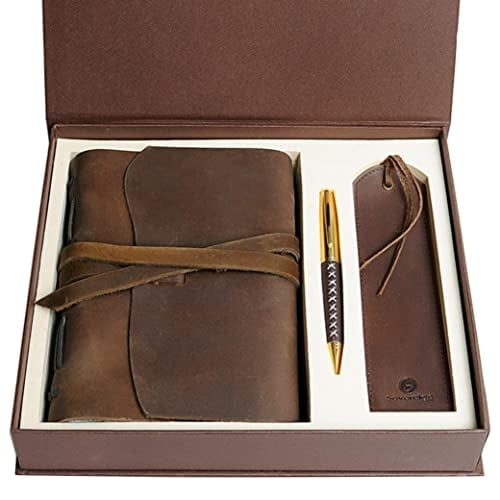 Cuaderno Cuero H/M, Set Regalo Handmad. Marcador+Pluma Eleg, Vintage y Clásico, Cuaderno, Libro Dibujo, Planificador, Diario (300Pág) (8x6")