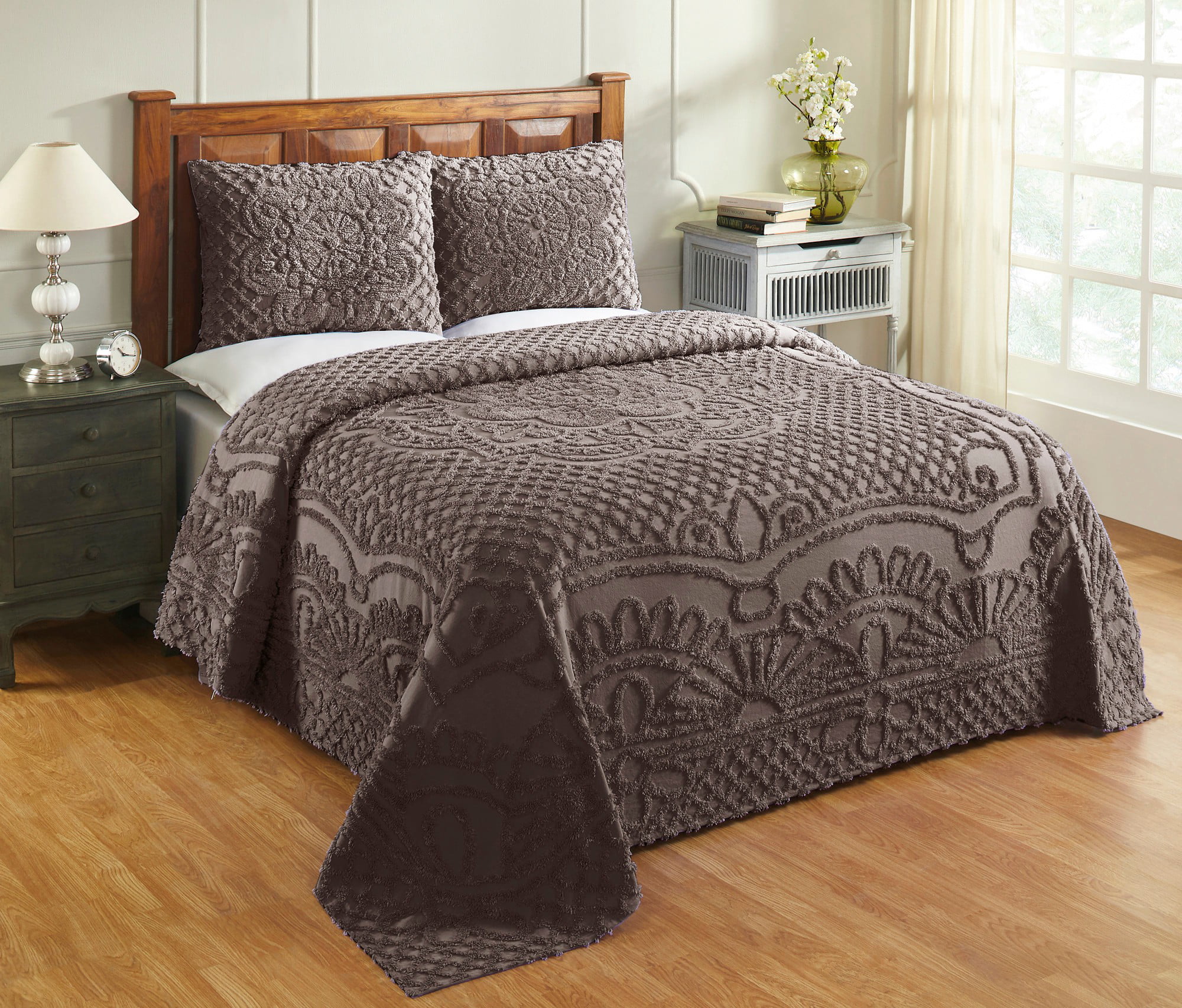 TREVOR TUFTED CHENILLE BEDSPREAD AND PILLOW SHAM COMPLETE SET ALL COTTON 