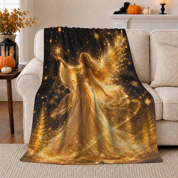 Ethereal Golden Fairy Celestial Figure Radiant Wings Fantasy, Festive Holiday Scene, Warm Flannel Blanket for Living Room and Family Room, Art Lovers Christmas Gift, Festive Home Decor