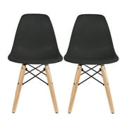 Homelala - Set of 2 - Black - Toddler Kids Size Plastic Side Chair Black Seat Natural Wood Wooden Legs Eiffel Childrens Room Chairs No Arm Arms Armless Molded Plastic Seat Dowel Leg