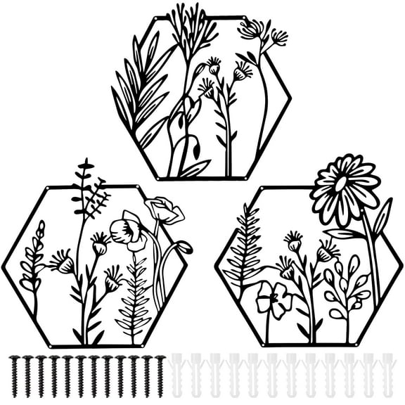 3 Pcs Metal Flower Wall Art Minimalist Floral Wall Hanging Decor for Living Room Bathroom Kitchen Indoor Outdoor