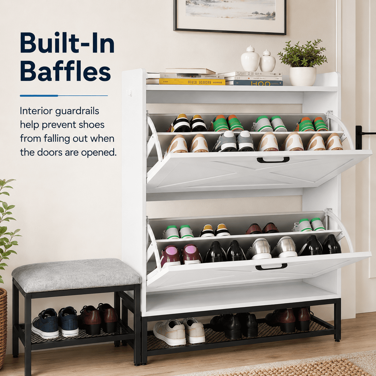 Alvantor Shoe Cabinet with Bench, 2 Flip-Down Barn Doors, Holds 12-16 Pairs, 47.2" W, White