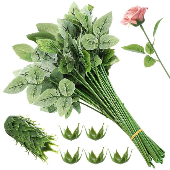 50Pcs Rose Stems with Leaves & 50Pcs Flower Calyxes Set, Fake Flower Stems Artificial Flower Sepals, DIY Artificial Flowers Tools, Floral Arrangement Supplies for Bouquet Wedding Party