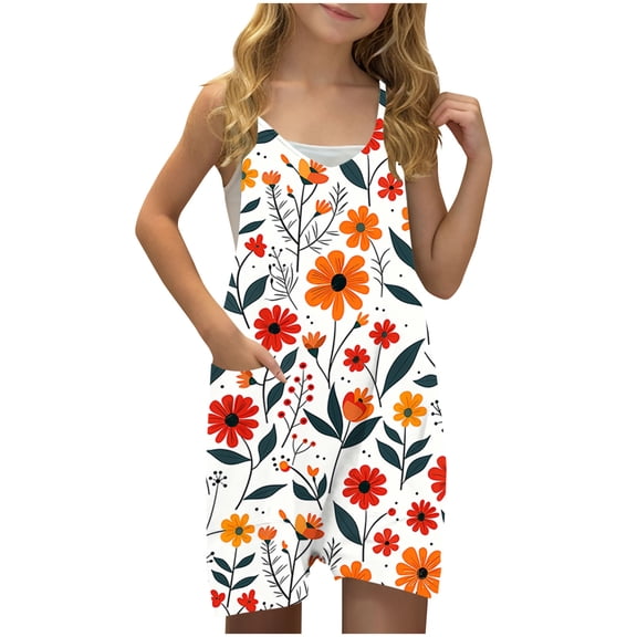 FAHXNVB Girls Summer Romper Hearts Print Sleeveless V Neck Jumpsuit Short Outfits with Pocket One Piece Casual Fashion Clothes 5-14 Years