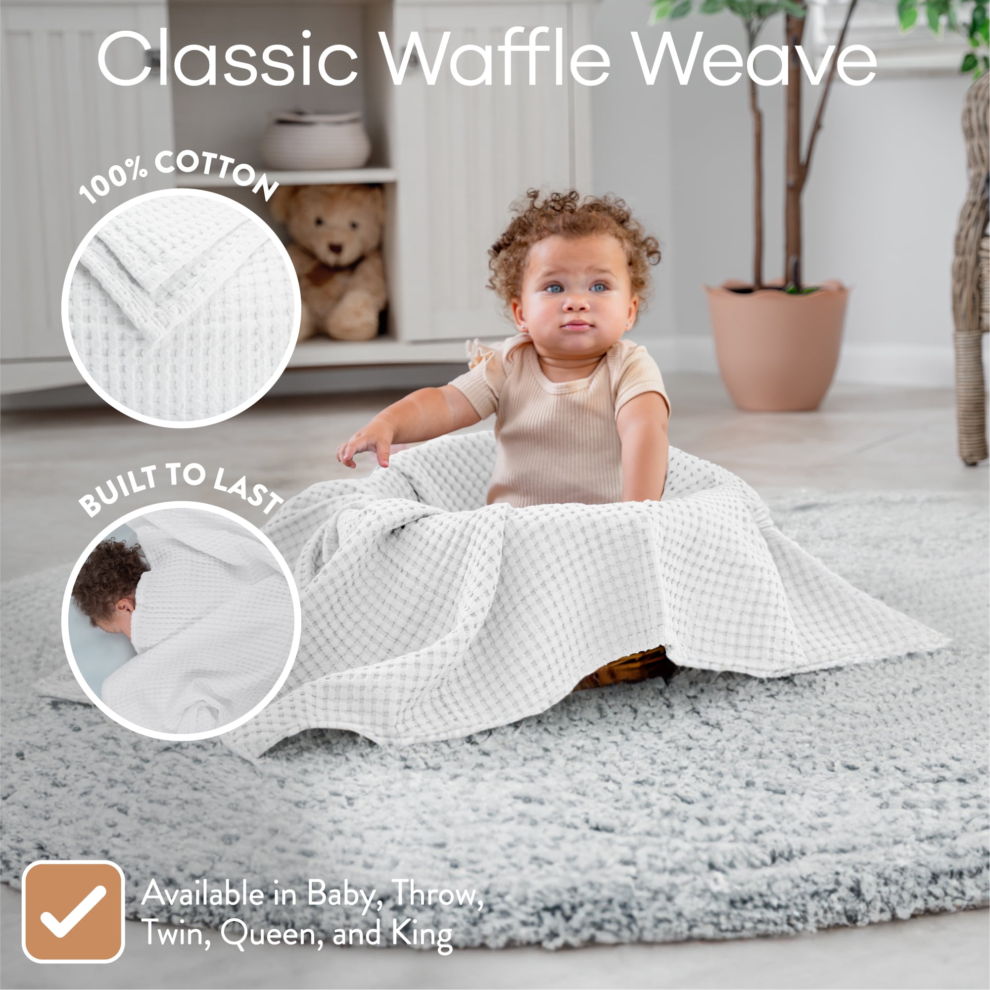Comfy Cubs Waffle Weave Blanket - 40” x 40” - 100% Cotton Soft, Lightweight Baby Blanket, White