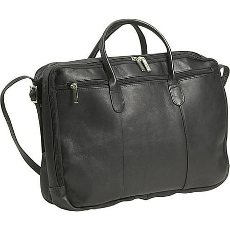 Double Top Zip Leather Briefcase w Adjustable Strap (Black)