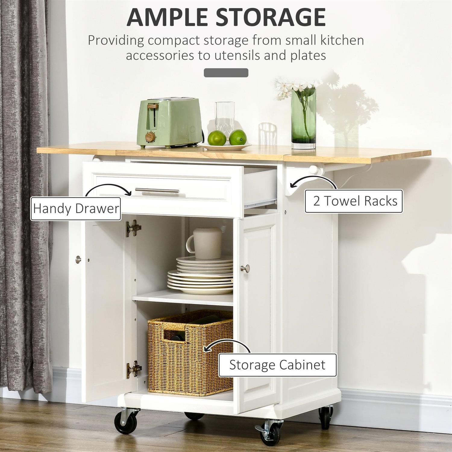 Demi Bonn 47" Kitchen Island with Drop Leaf Design, Trolley Cart & Wheels, Drawer Cabinet & Towel Rack, Natural Wood Top & White Finish for Modern Homes