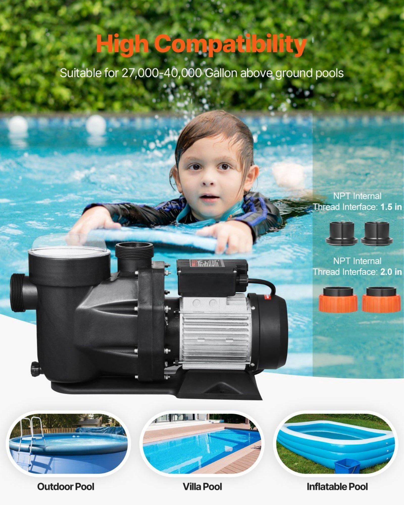 3 HP Single Speed Above Ground Pool Pump 149 GPM 3450 RPM 220V - High Performance Swimming Pool Pump