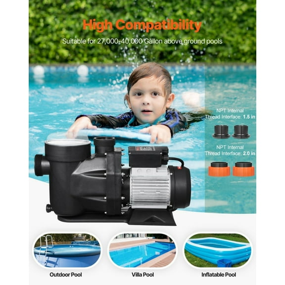 Powerful 3 HP Above Ground Pool Pump 149 GPM 3450 RPM 220V - Single Speed Swimming Pool Water Pump