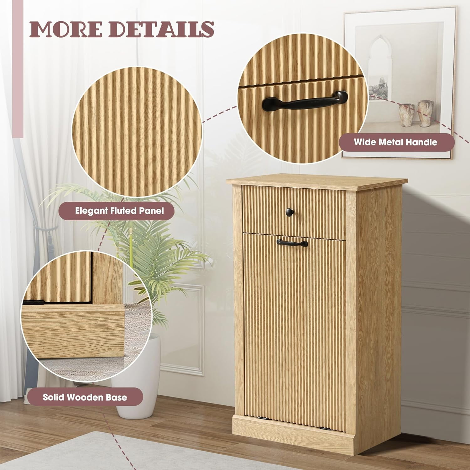 Haverchair 35.8" H Tilt Out Laundry Hamper Cabinet, Modern Fluted Trash Can Cabinets with Drawer, Wooden Hidden Garbage Cabinet for Kitchen and Bathroom