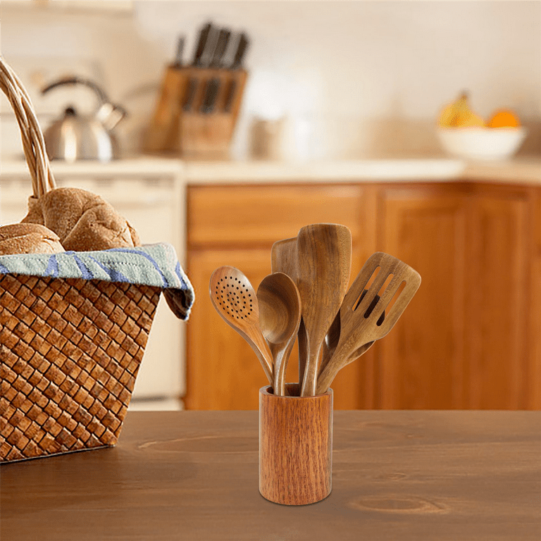 Wooden Kitchen Utensils set With Utensil Holder 9 PCS Teak Wooden