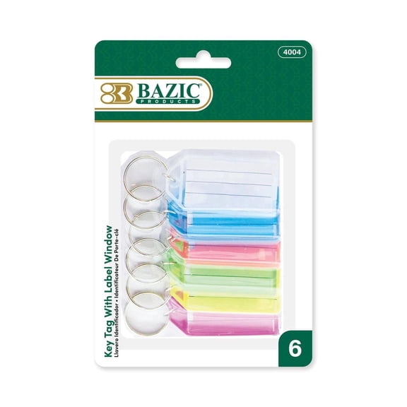BAZIC Key Tag Label Window, Plastic Key Holder Key Ring (6/Pack), 24-Packs