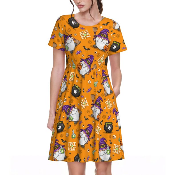 Fotbe Halloween Witches Gnome Vestido Largo de Moda para Mujer, Vestido Tipo Camiseta con Manga Corta y Estilo Casual a Rayas y Bloques de Color