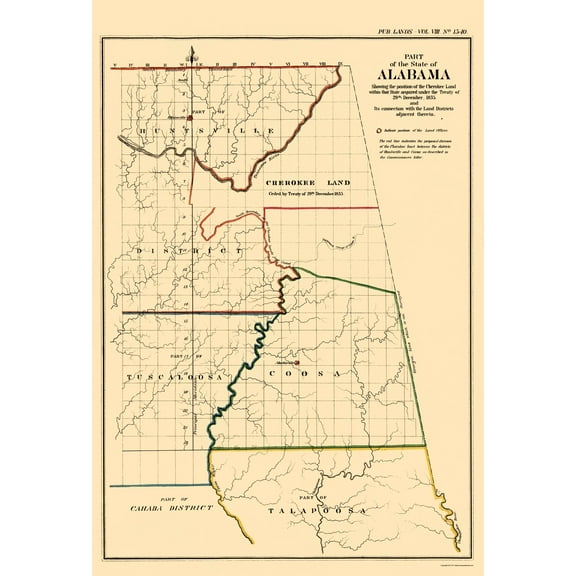 Historic State Map - Alabama Cherokee Land Position - GLO 1835 - Vintage Wall Art