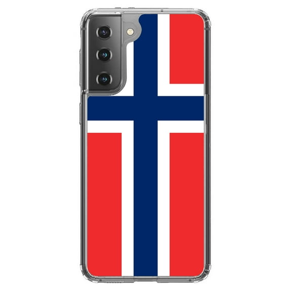 DistinctInk Clear Shockproof Hybrid Case for Galaxy S21 5G (6.2" Screen) - TPU Bumper, Acrylic Back, Tempered Glass Screen Protector - Norway Flag Red White Blue - Love of Norway