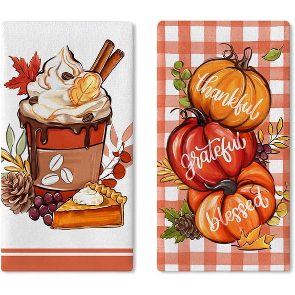 Thanksgiving Thankful Grateful Blessed Pumpkin Kitchen Dish Towels Set of 2, Fall Coffee Hand Towels Orange Plaid Baking Cooking Cloth, Autumn Farmhouse Home Kitchen Decoration 18 x 26 Inch