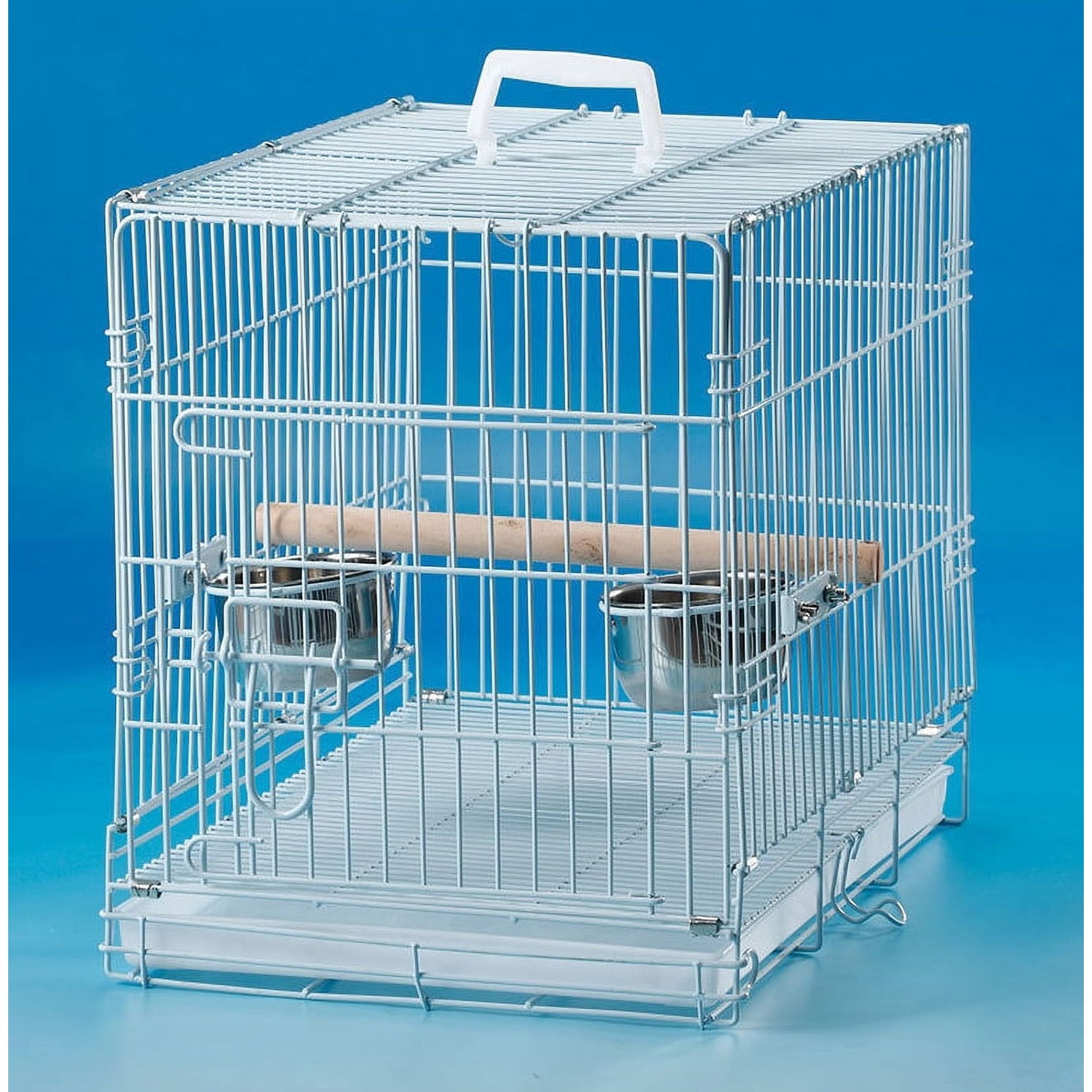 20" Portable Travel Veterinary Bird Parrot Wire Carrier Cage with Wooden Stand Perch & Stainless Steel Bowls