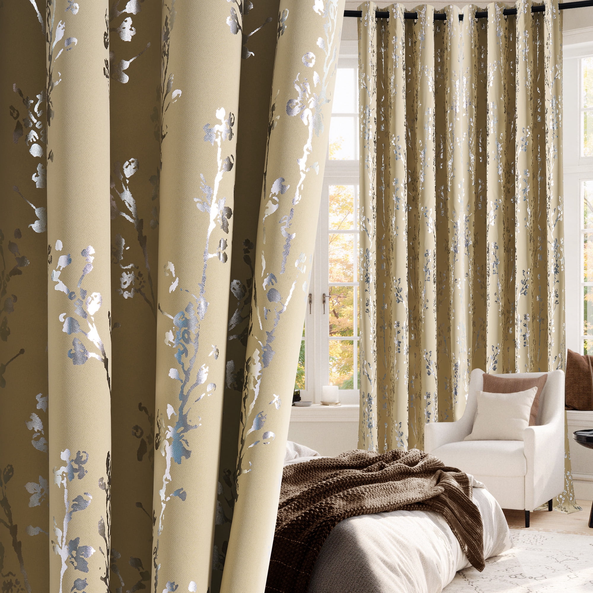 NICETOWN 100% Blackout Curtains for Bedroom, Noise Reducing Thermal Insulated Silver Branch Curtain, Grommet Blackout Curtains for Patio Sliding Glass Door 2 Panels, 52 x 63 Inch, Biscotti Beige)