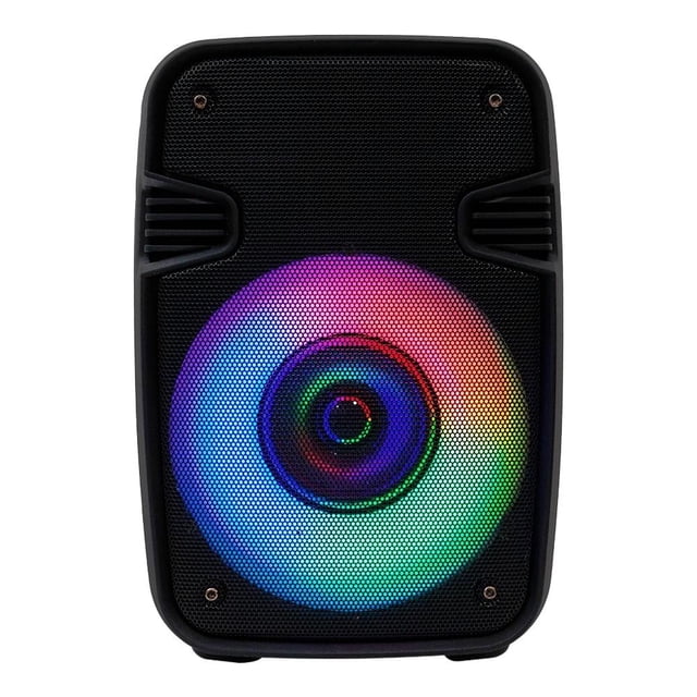 bocina fussion acustic portátil isp-3013 negro, vista frontal centrada de parlante portátil con rejilla perforada y cono iluminado en anillo RGB; carcasa plástica negra, indicador LED de estado visible y compatible con Bluetooth TWS; ideal para exteriores y reuniones, y suele usarse también para amplificar playlists en viajes cortos.