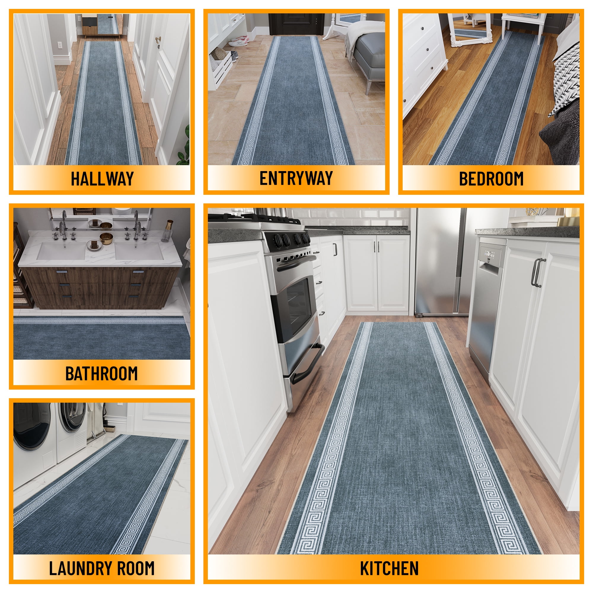 Ottomanson Runner Rug 2'7" x 9' Soft Non-Slip Indoor Runner, Greek Border Greyish Blue