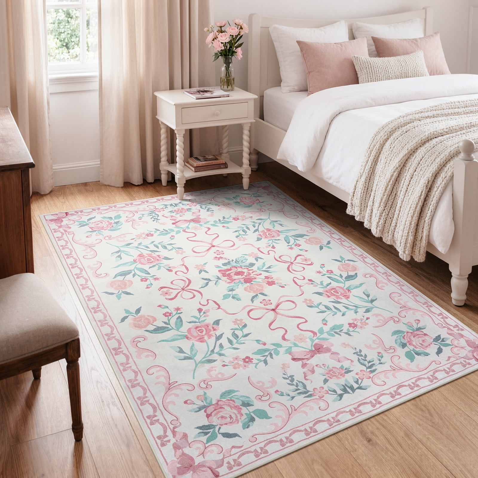 Lahome Washable 5'x7' Floral Bow Area Rug, Pink Rugs for Living Room, Soft Ultra-Thin Non-Slip Carpet for Girls Bedroom Nursery Dorm Kids Room Playroom, Pink