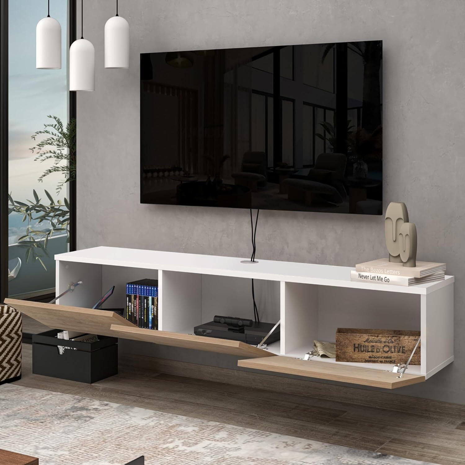 HomeStock Artisanal Abode Floating TV Stand, TV Stand up to 75 inch TV, Floating TV Stand Wall Mounted, Floating Entertainment Center, Floating Shelf for Under TV, Floating TV Console-Color:Natural an