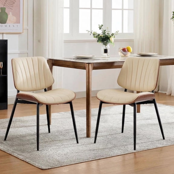 Dining Chairs Set of 2, Mid Century Modern Dining Room Chair, Upholstered PU Leather Kitchen Chairs with Walnut Bentwood Back and Metal Legs for Kitchen Dining Room Living Room, Beige