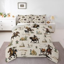 Feelyou Western Cowboy Cowgirl Queen Comforter Set, Hippie Cactus Botanical Bedding Sets, Rustic Sheep Cow Horse Reversible Bedding Comforter Set, Microfiber Bedroom Decor, 3pcs