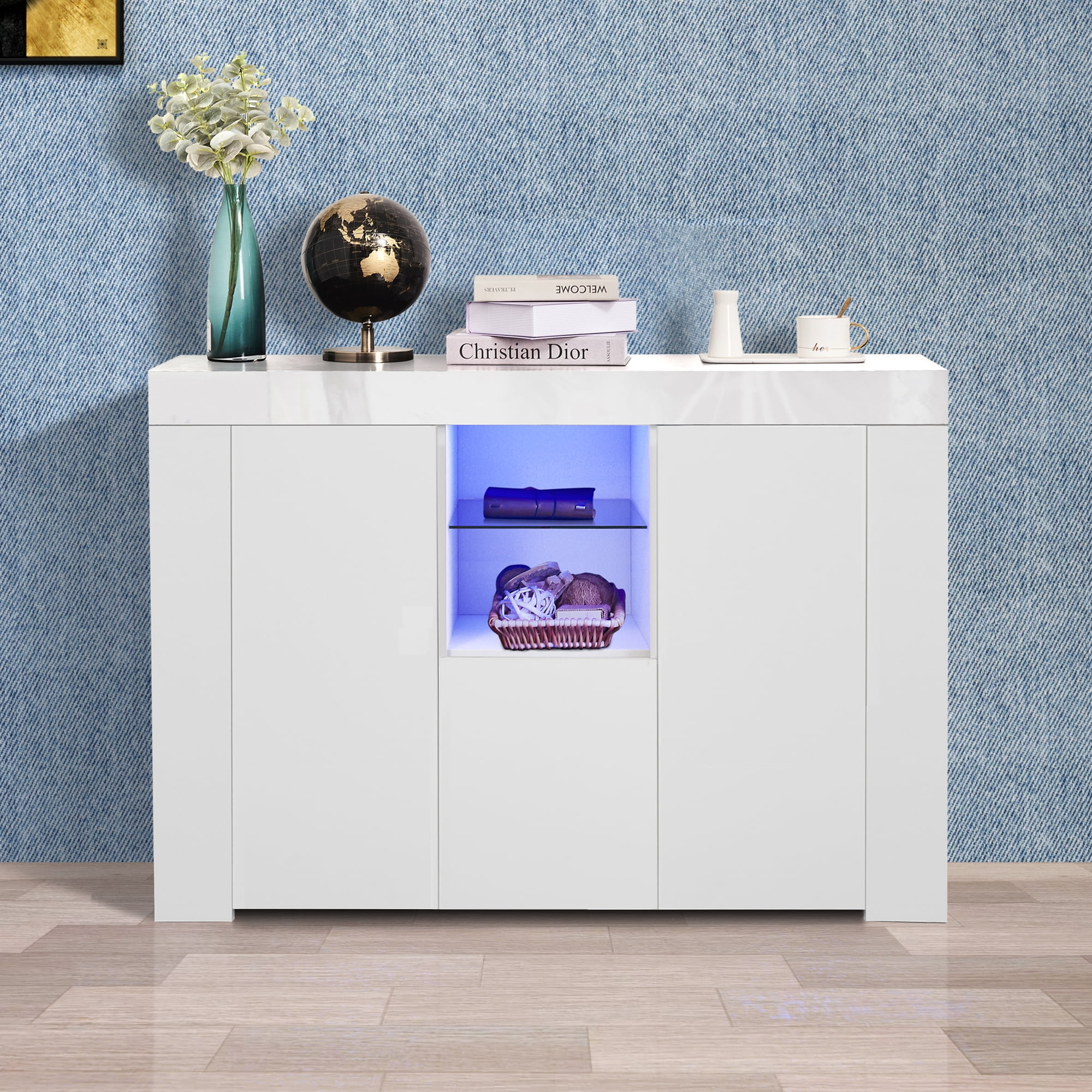 Buy Buffet with Storage, White High Gloss Kitchen Sideboard Cupboard with LED Lights