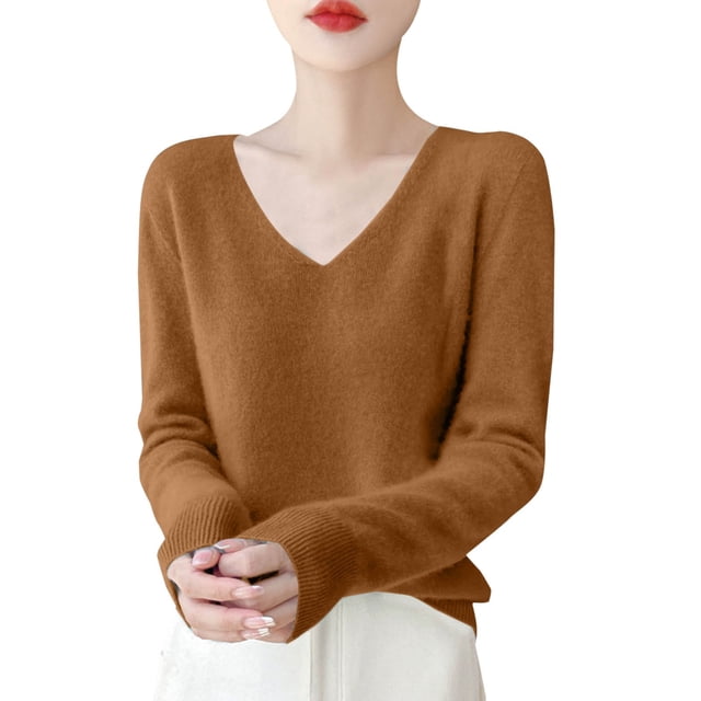 Breezora Women's Pure Wool V Neck Pullover Sweater Thermal Knit Base Layer for Cold Weather Casual Outfits M Size Brown