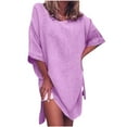 thumbnail image 2 of Wycnly Formal Dresses for Women Beach Casual Loose Soft Cotton Linen Side Slit Dresses Elbow-Length V-Neck Solid 2024 Summer Mini Dress Purple l, 2 of 6