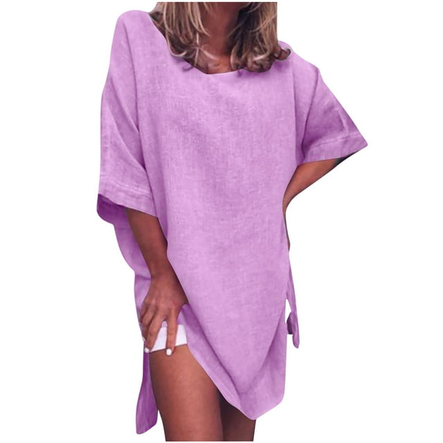 Cameland Robe d'Été Décontractée pour Femmes Couleur Unie Manches Mi-Longues Coton Lin Fendue