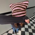 thumbnail image 3 of Gorro de invierno cálido y elástico con orejas de gato, tejido a rayas, color rosa y marrón, 3 of 3