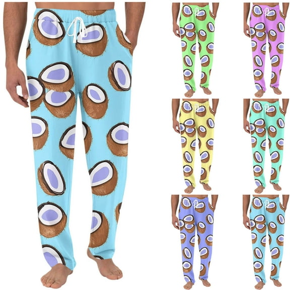 Fengqque Mens Fashion Casual loose Fruit Printed Elastic Waistband Drawstring Pocket Pants Yellow XL(XL)