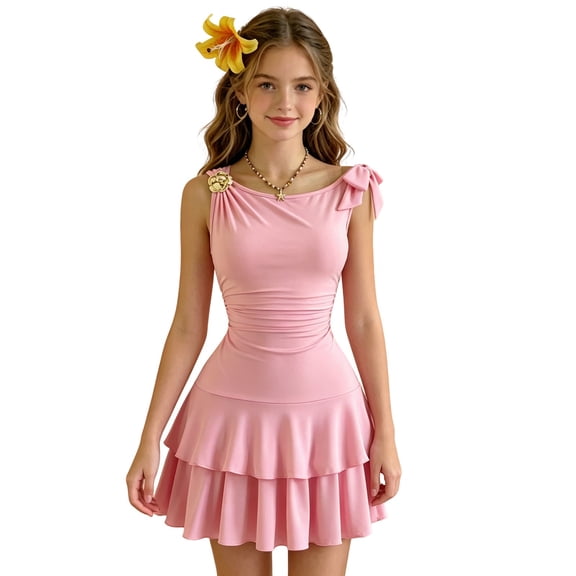 VBEWZET One Shoulder Bow Decor Girls Summer Dress, Ruched Waist Tiered Ruffle Cake Dress Girls Beach Vacation Birthday Outfit Pink 12-13 Years