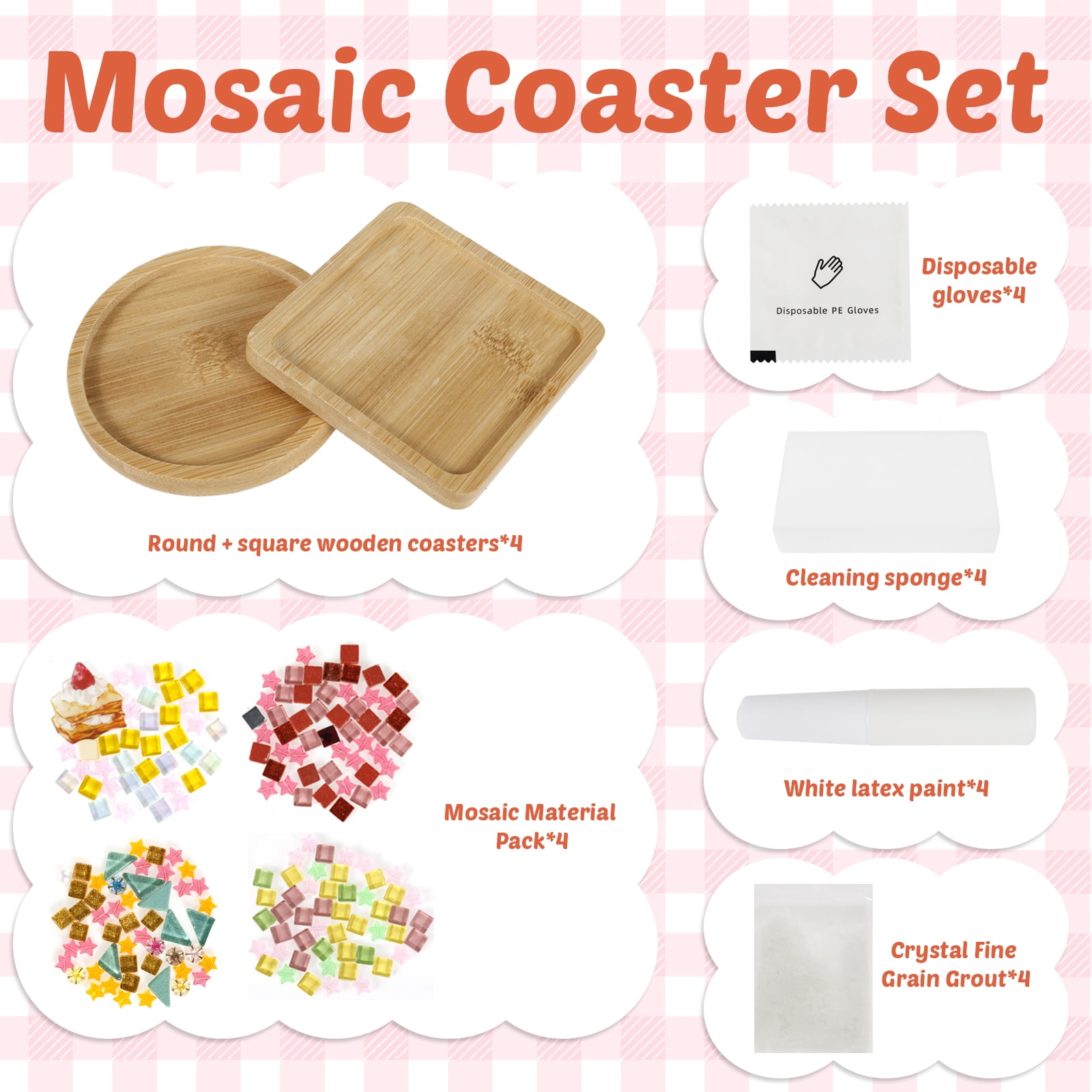 Austok 4Pcs DlY Mosaic Tile for Craft Mixed Color Glass Tile Kit with Bamboo Cup Pad for Adult DlY Cup Pad Kit Mosaic Supply for Handmade Home Decoration Present (Square and Round)