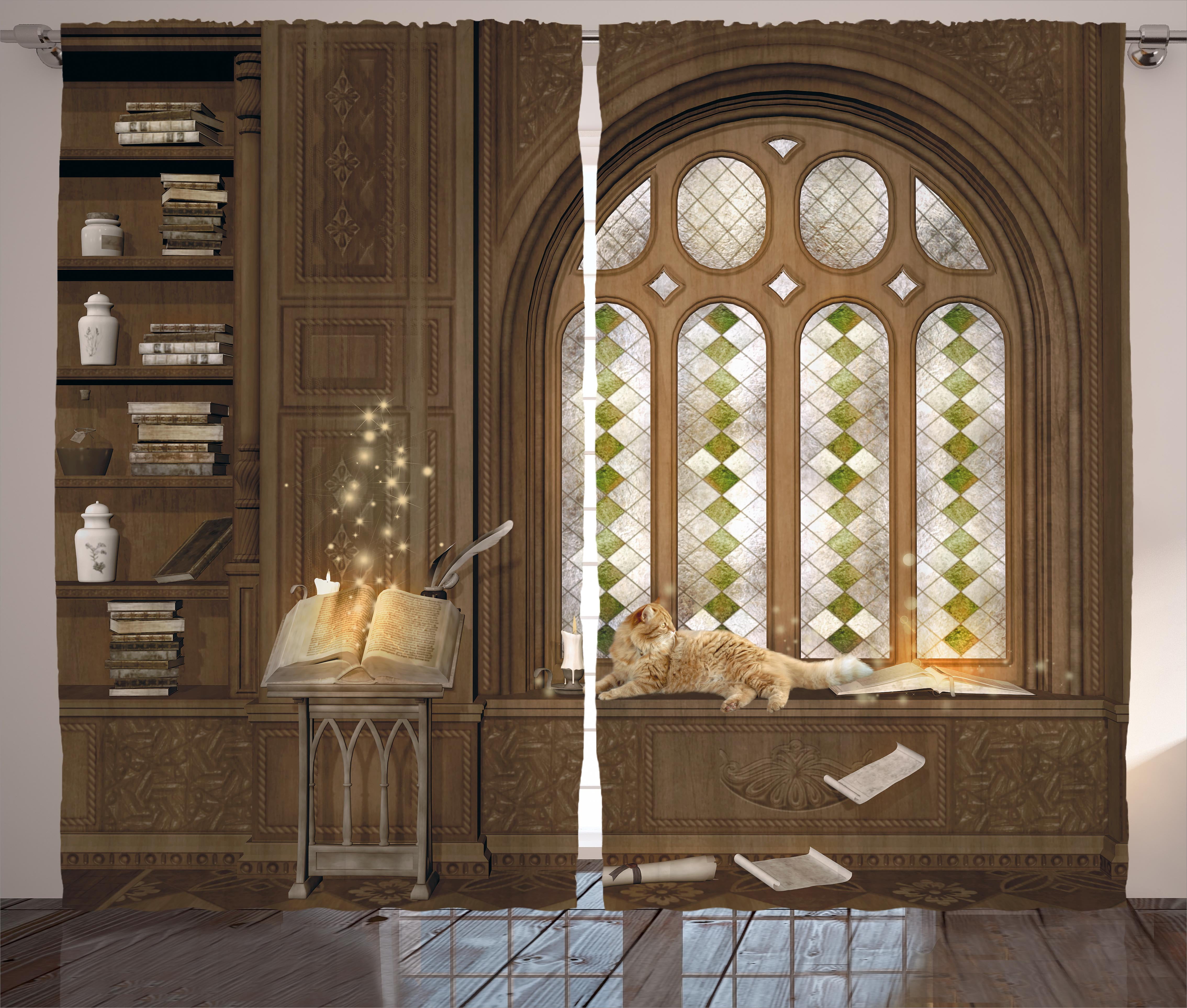 Gothic Decor Curtains 2 Panels Set Room For Study In Medieval Gothic Decor Curtains 2 Panels Set Room For Study In Medieval Library With Cat Sleeping On Window Antique Mansion Ds Living Bedroom
