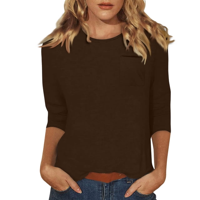 DENGDENG Hauts à Manches Trois Quarts pour Femmes Blanc Col Ras du Cou T-Shirts d'Été Petite Coude Tunique Décontractée Hauts Amples Chemises à Manches Trois Quarts Chandail d'Affaires avec Poche Café 3TG