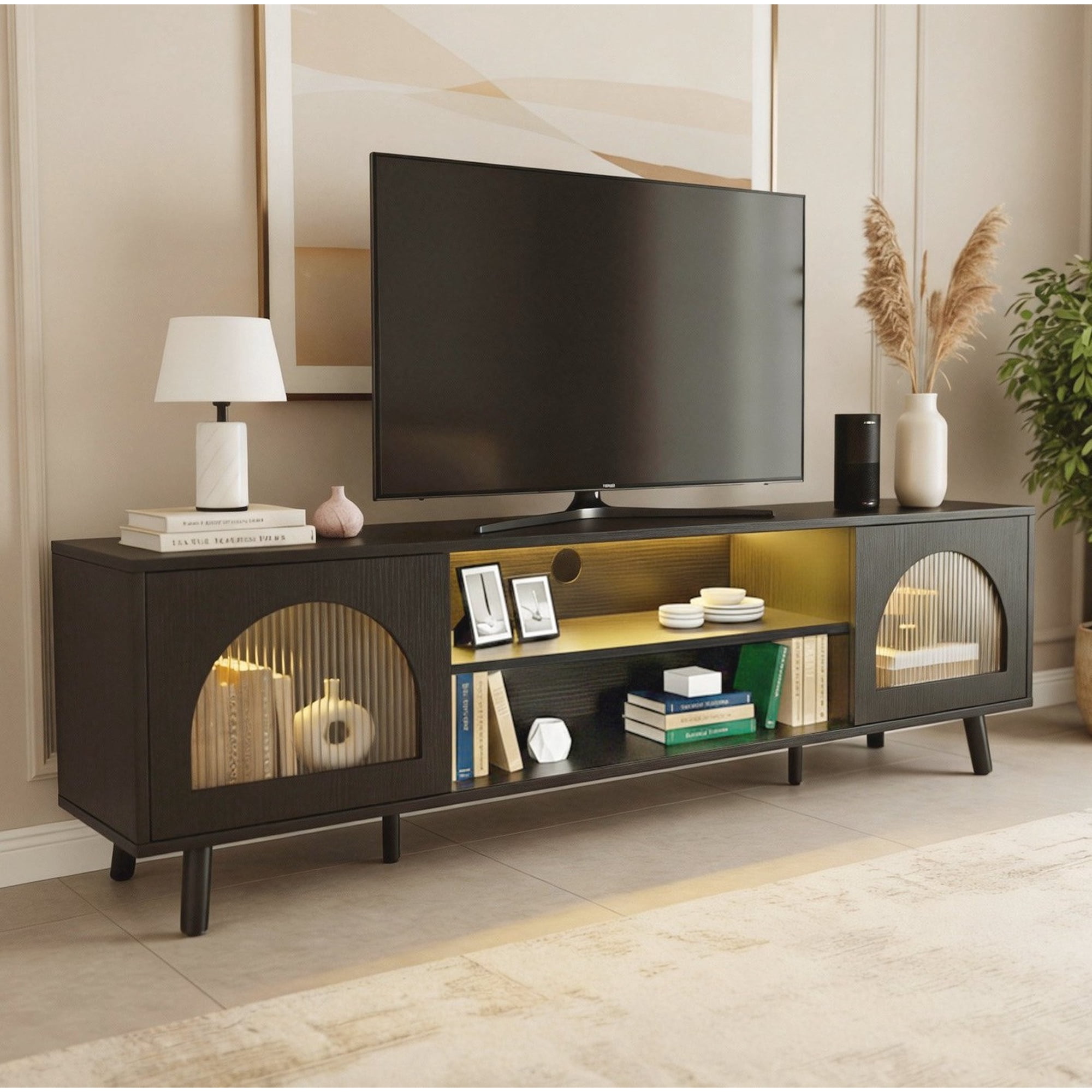 Ktaxon Modern LED TV Stand with 2 Fluted Arched Doors, 63" Entertainment Center Media Gaming Console for 55/60/65" TVs with RGB Lighting, Black