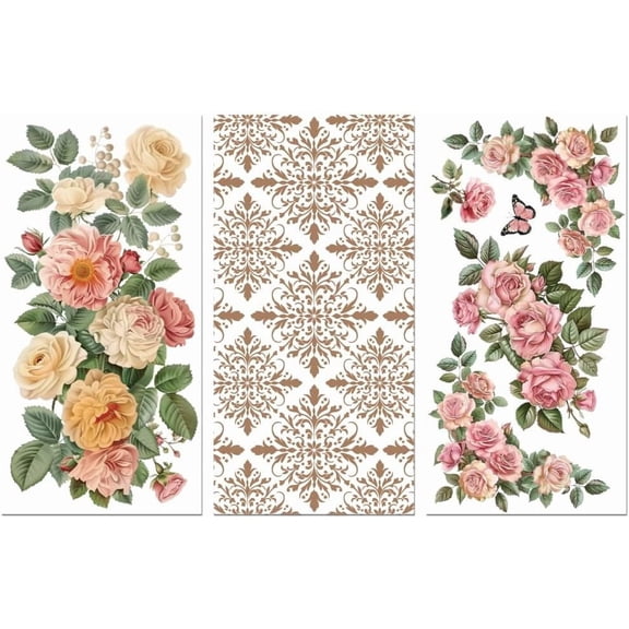 Rub on Transfer Sticker for Furniture Crafts Decor 6"x12" Vintage Roses Flowers Border 3Pcs Waterproof UV DTF Transfer for Lingerie Chests Drawer Dresser Glass Porcelain Wood PlasticMixed Color