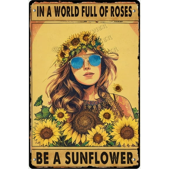 Vintage Retro in A World Full of Roses Be A Sunflower Poster Motivational Gifts for Women Girls Kids Inspirational Wall Decor Retro Tin Signs - Vintage Metal Sign 8x12 Inches
