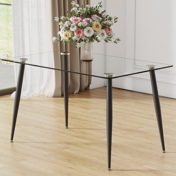 Xukmct Modern Rectangular Dining Table with Black Metal Legs, Tempered Glass Tabletop Writing Desk for Kitchen, Dining Room, Living Room