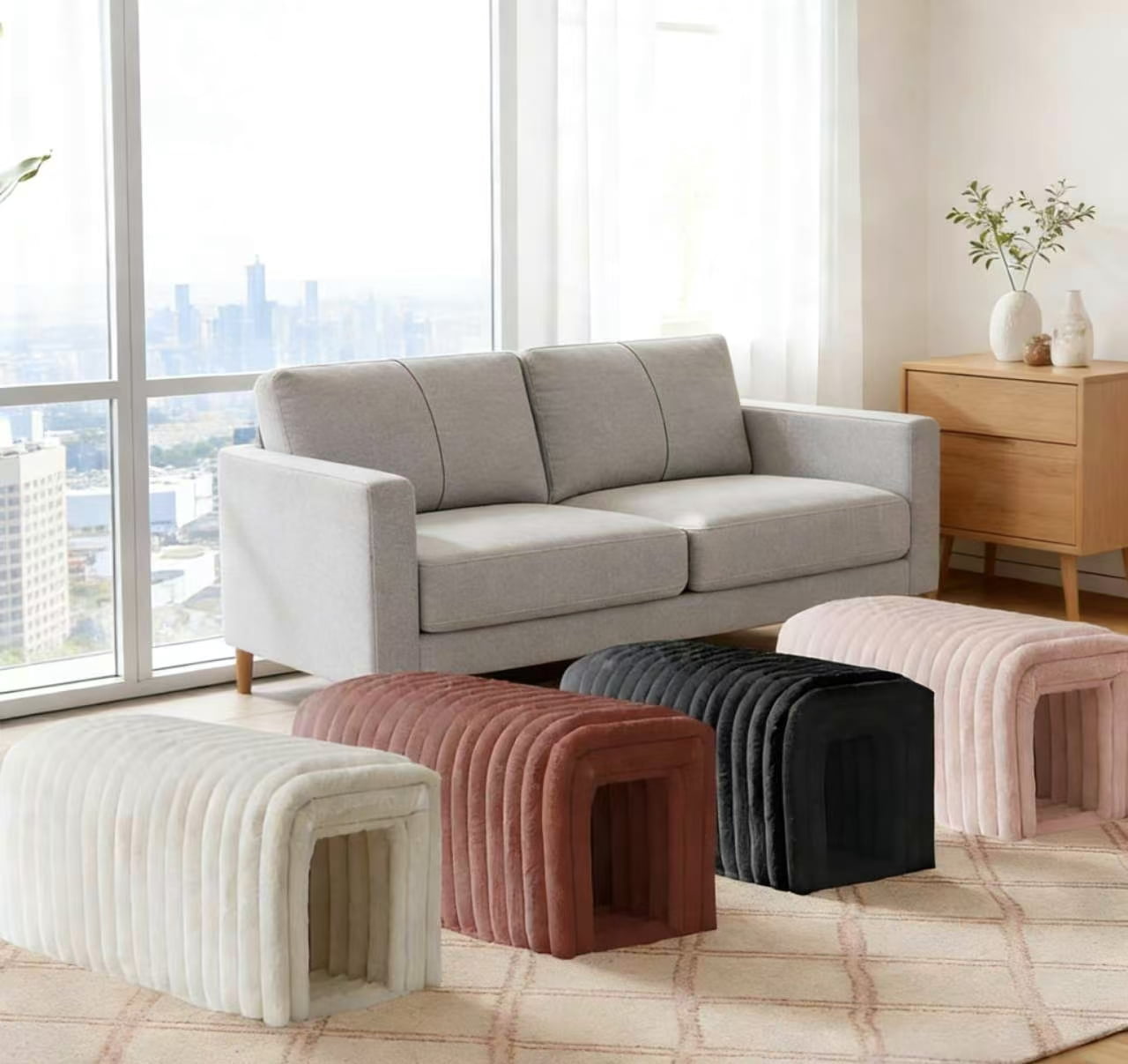 Howcool Corduroy Ottomans Bench with Cat Hideaway, 33"L Plush Upholstered Bench Ideal for Blanket Storage for Living Room & Bedroom