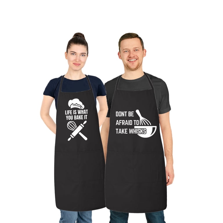 Funny Couple Aprons Set – “I Get Us Into Trouble / I Get Us Out Of Trouble”, Red & Black, Gift Bag Included, One Size Fits All