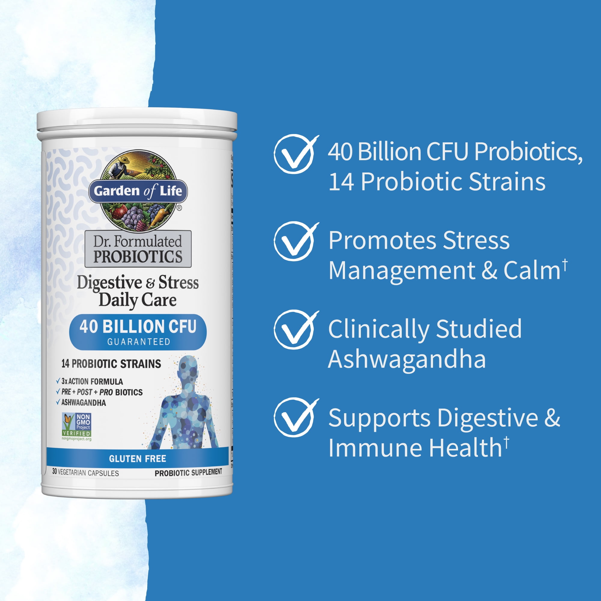 Garden of Life Dr. Formulated Digestive & Stress Probiotic Capsules, 40 Billion CFU - 14 Probiotic Strains with Ashwagandha, 30 Count