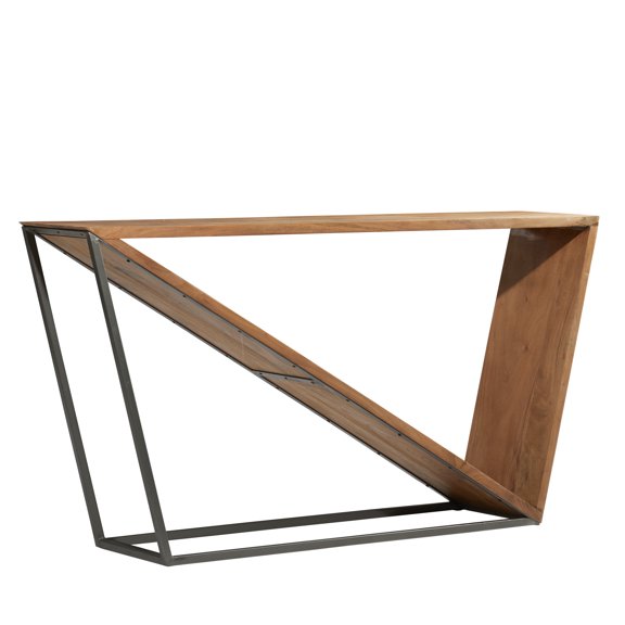 DecMode 57" x 30" Brown Wood Diagonal Open Frame Console Table with Grey Metal Base, 1-Piece