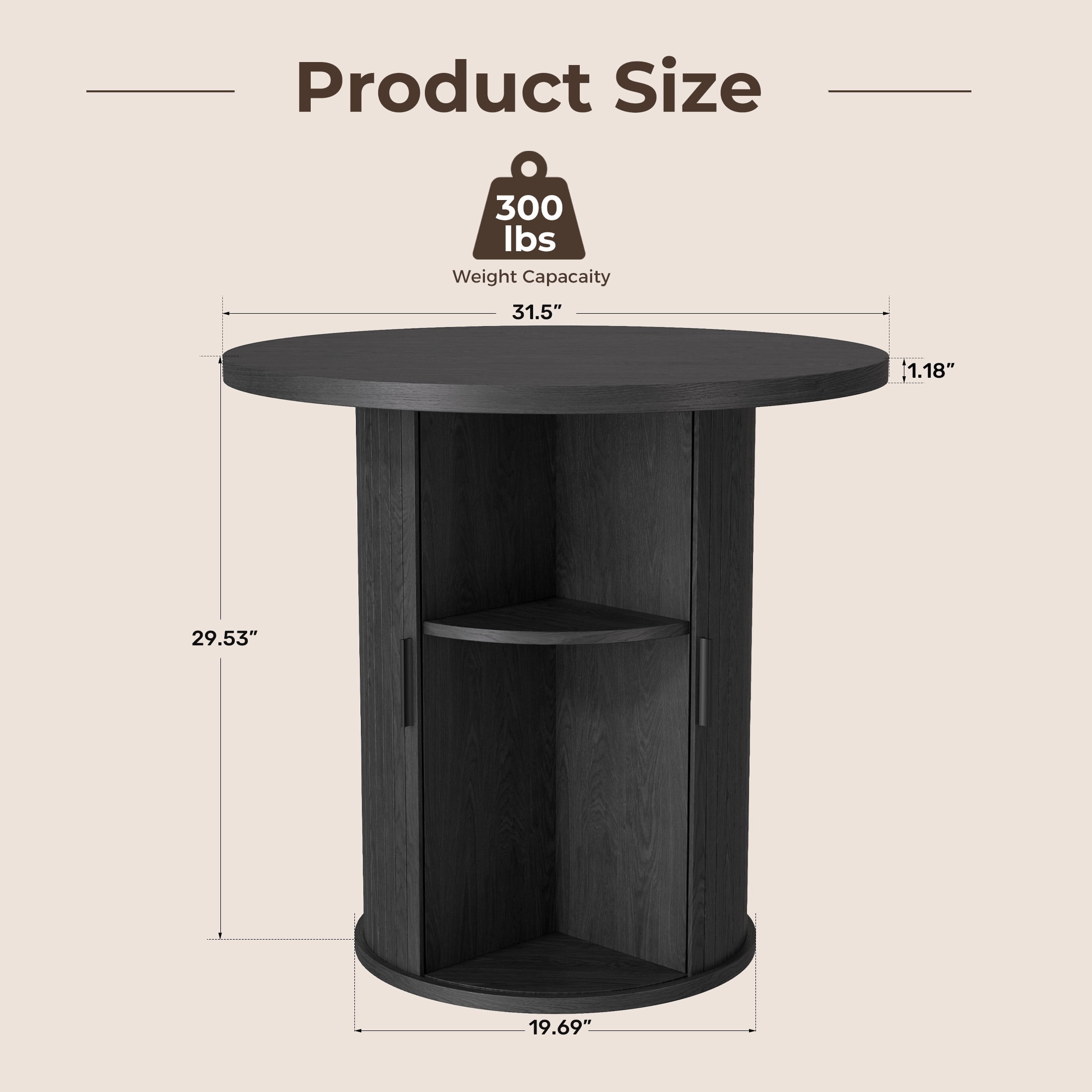 Hawsaiy 31.5" Round Dining Table for 2 with Sliding Door Storage Base, Space-Saving Waterproof Scratch-Resistant Wood Top, Modern Farmhouse Kitchen Table, Black